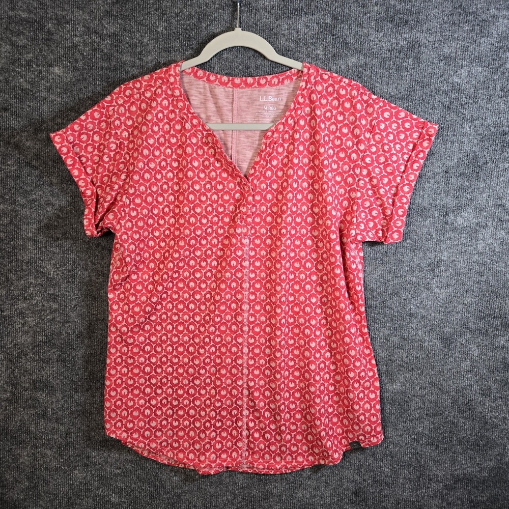 LL BEAN T Shirt Womens M Regular Red White Polka Dot Short Sleeve V Neck